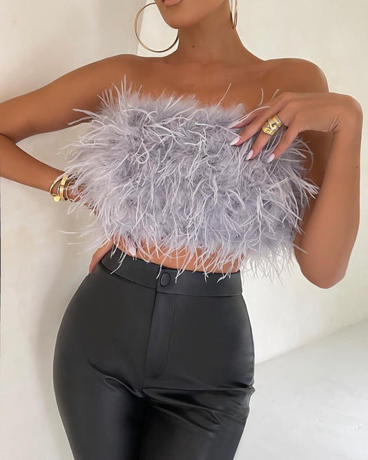 Feathered Strapless Crop Top | Marisol