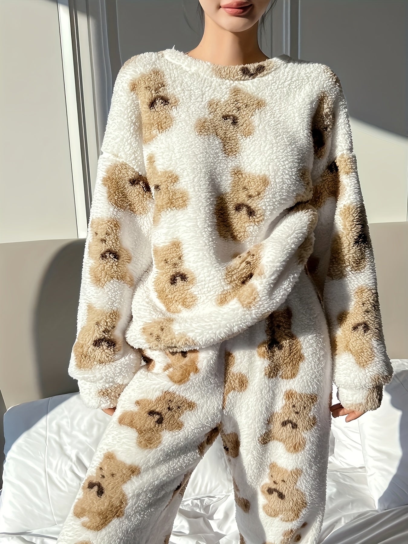 Women Teddy Bear Print Fleece Pajama Set | Clio