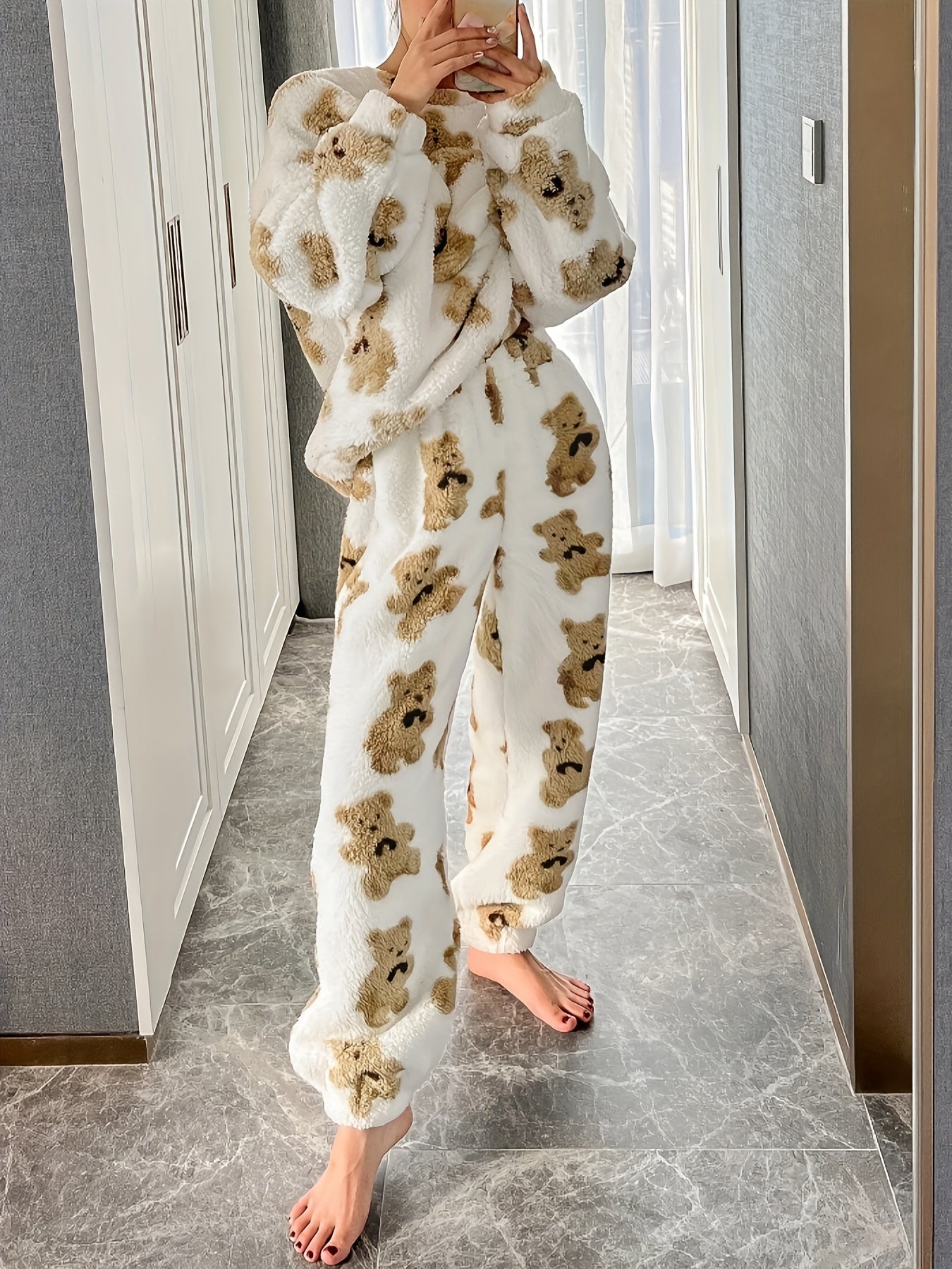 Women Teddy Bear Print Fleece Pajama Set | Clio
