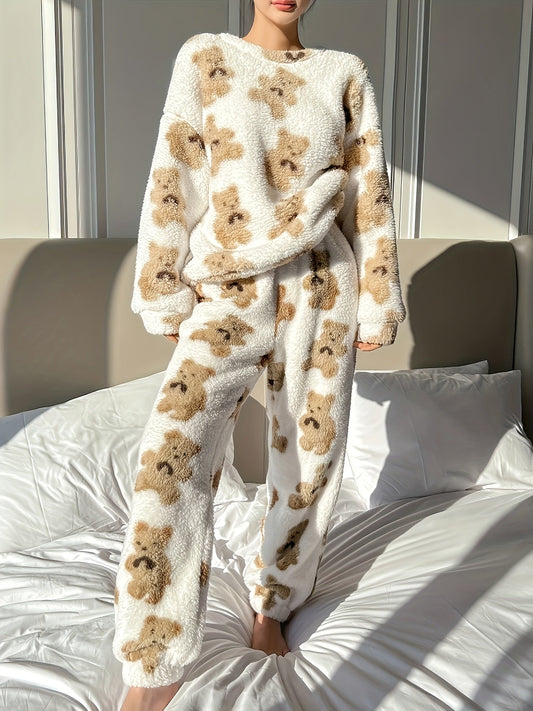 Women Teddy Bear Print Fleece Pajama Set | Clio