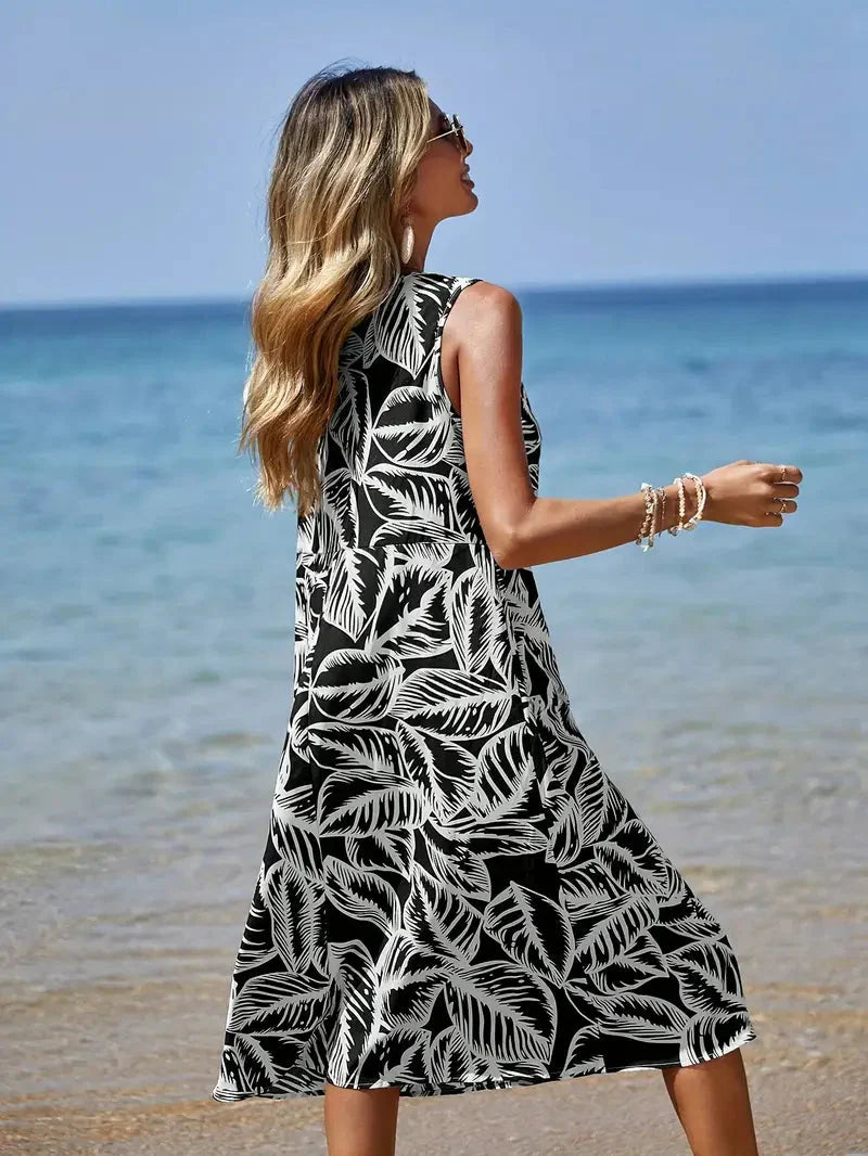 Elegant Sleeveless Leaf Print Dress | Amity