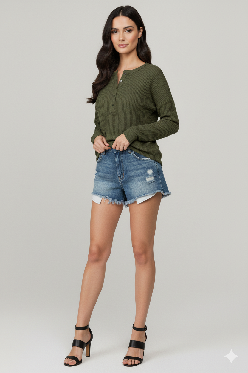 Women Casual Waffle-Knit Henley | Frances
