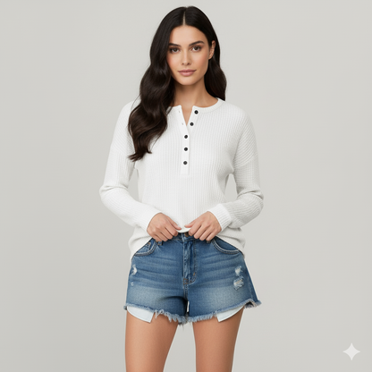 Women Casual Waffle-Knit Henley | Frances