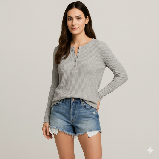 Women Casual Waffle-Knit Henley | Frances