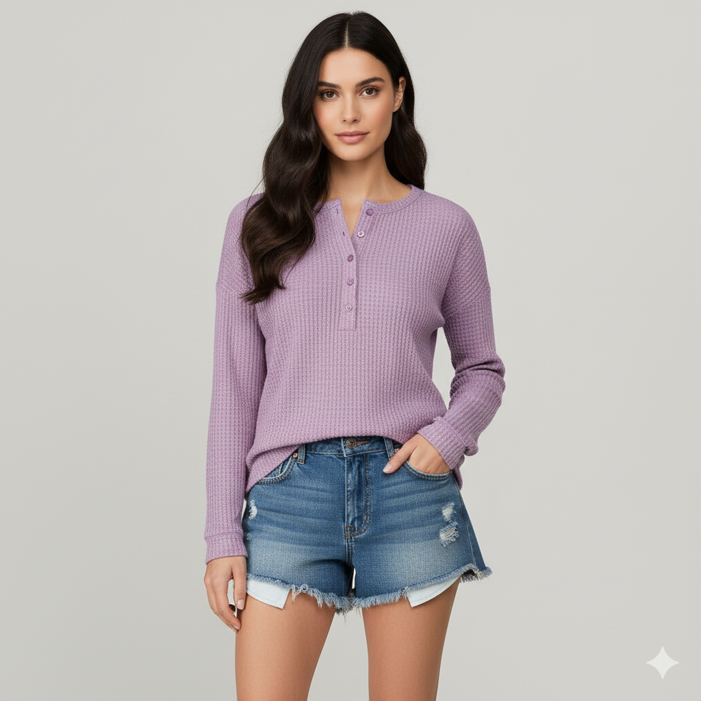Women Casual Waffle-Knit Henley | Frances
