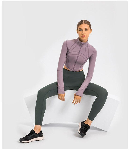 Women Long Sleeve Crop Top Black Nylon Spandex | Fitness Enthusiast-1