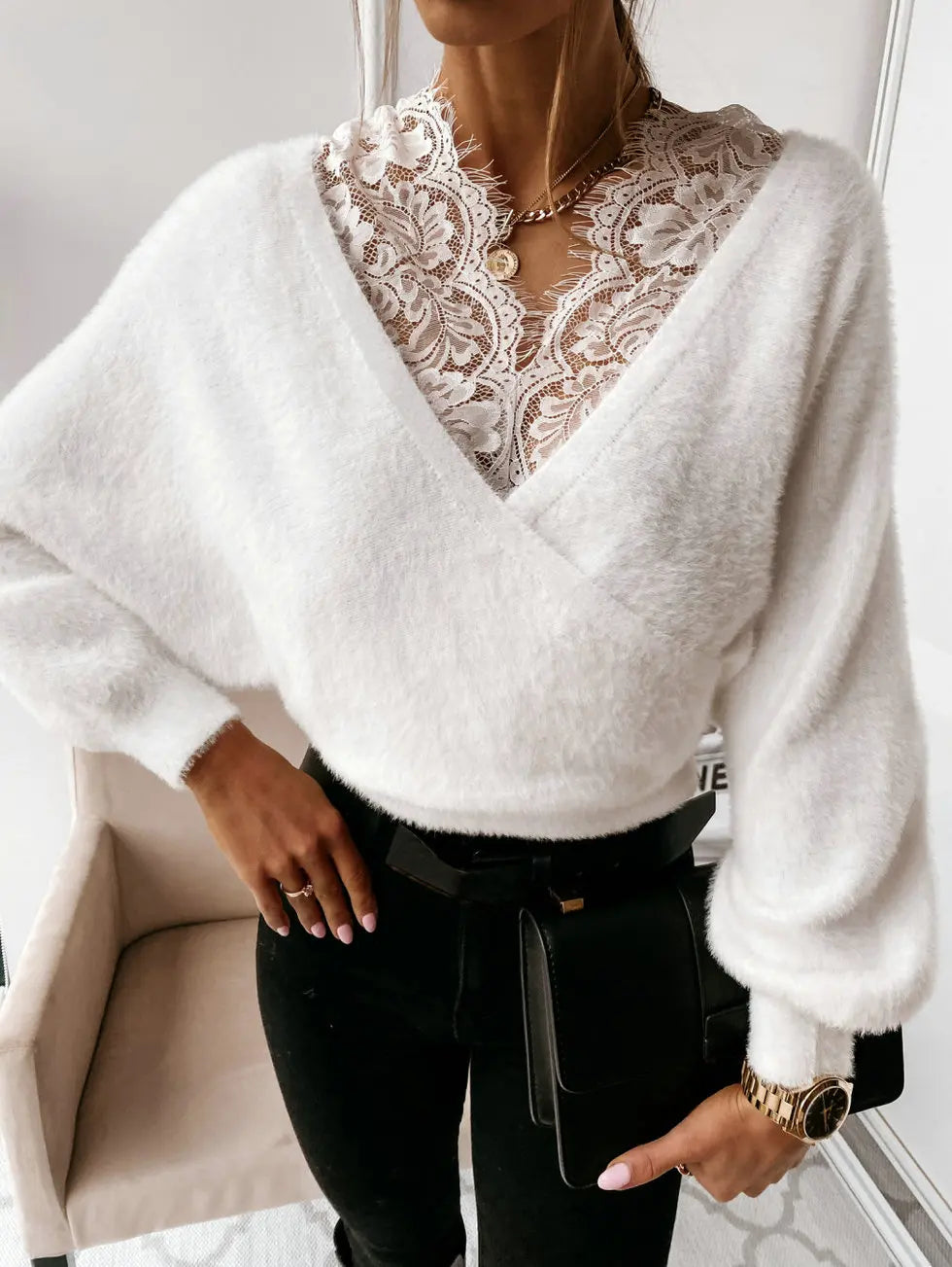 Lace-Trimmed V-Neck Sweater | Kianna