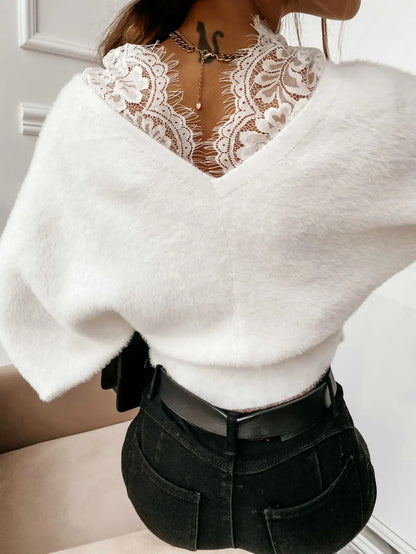 Lace-Trimmed V-Neck Sweater | Kianna