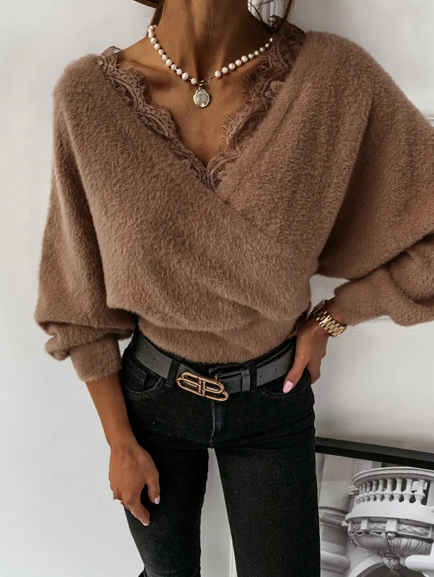 Lace-Trimmed V-Neck Sweater | Kianna