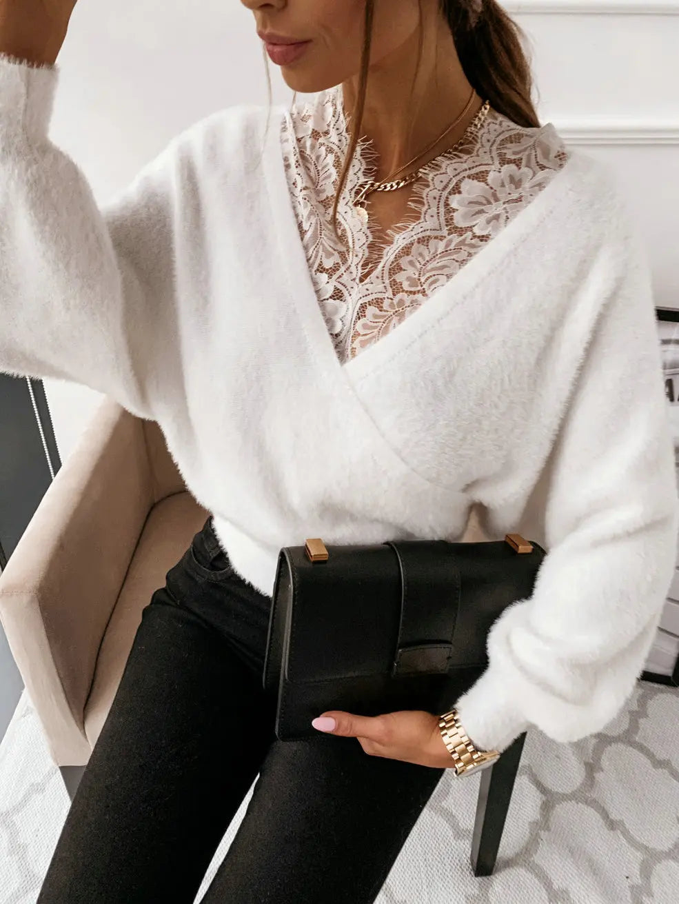 Lace-Trimmed V-Neck Sweater | Kianna