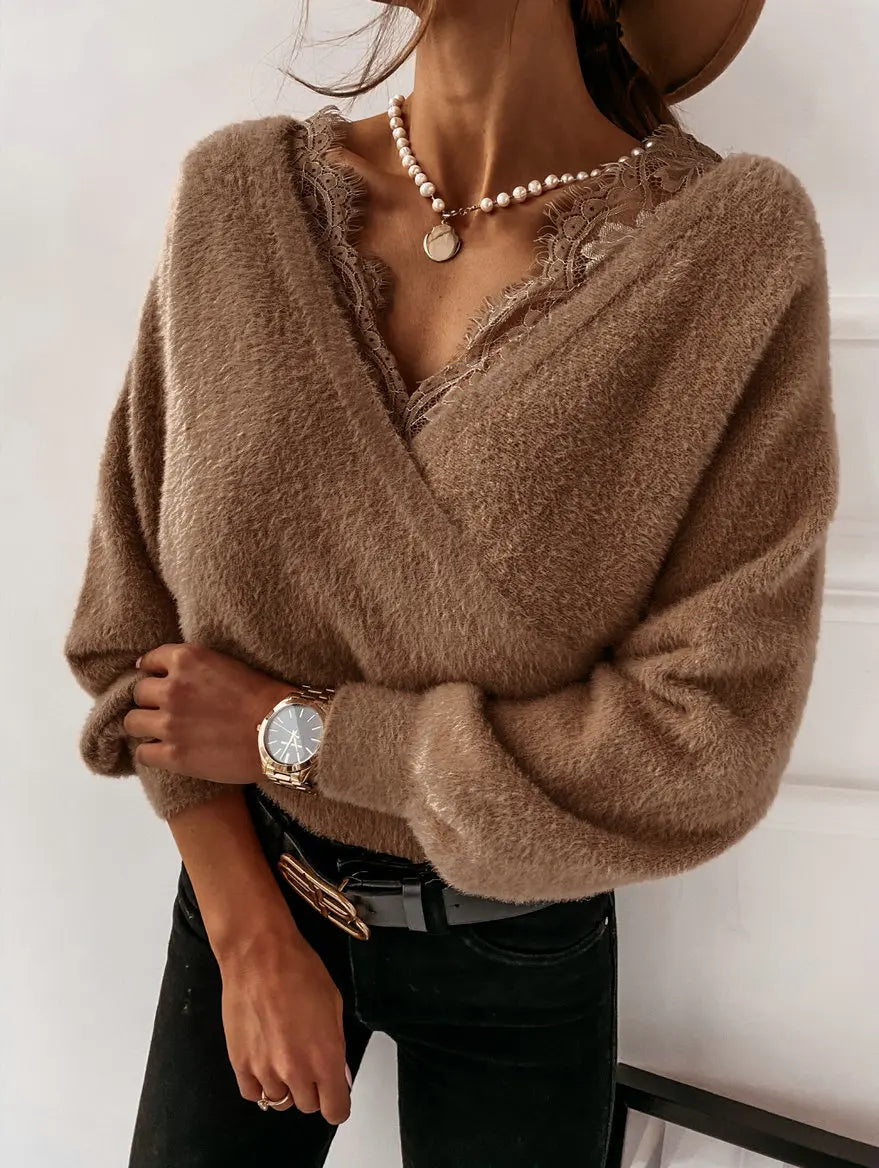 Lace-Trimmed V-Neck Sweater | Kianna