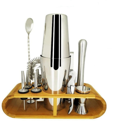 Stainless Steel Cocktail Set with Bamboo Stand – 11 Piece Kit