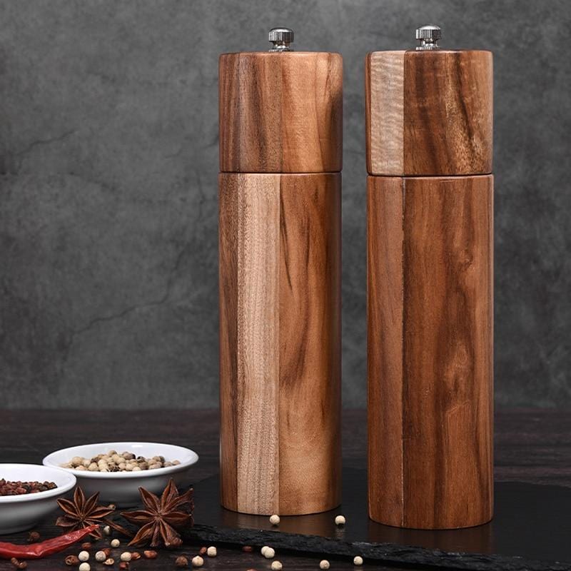 Acacia Wood Salt and Pepper Grinder Set – Adjustable Mill Design