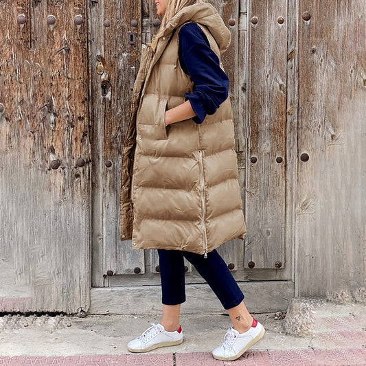 Long Puffer Vest with Hood | Xyla