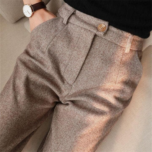 Women Pleated Pants Black Herringbone | Lea-1