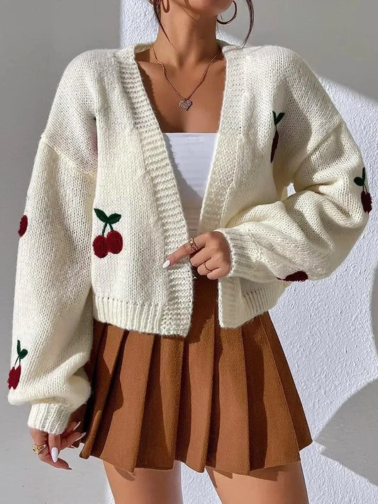 Women Cherry Pattern Knit Cardigan | Aubrielle