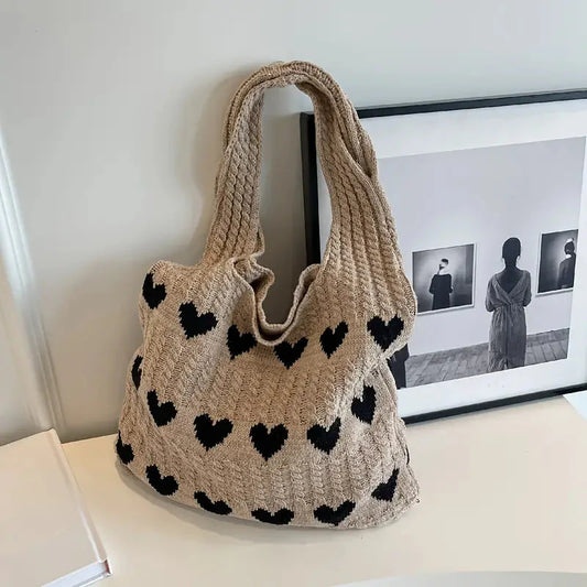 Knitted Heart Pattern Tote Bag | Tressa