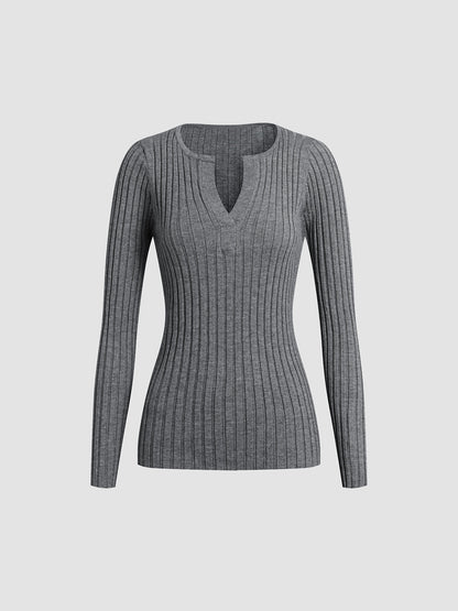 Women Ribbed V-Neck Pullover Sweater | Analina