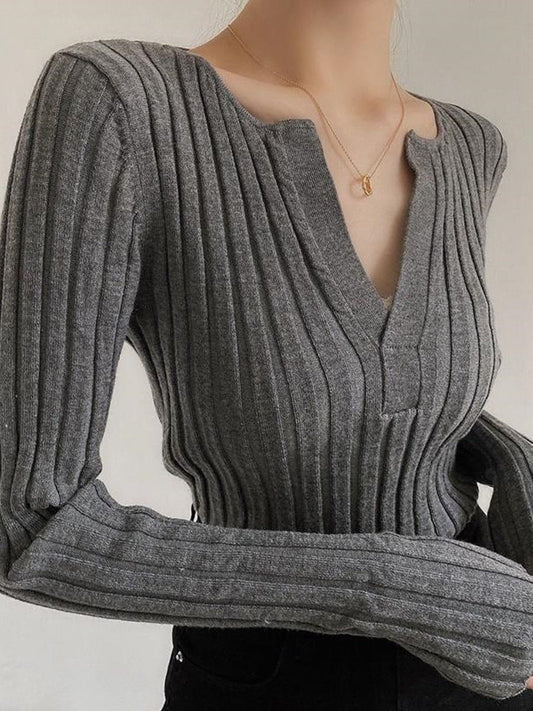 Women Ribbed V-Neck Pullover Sweater | Analina