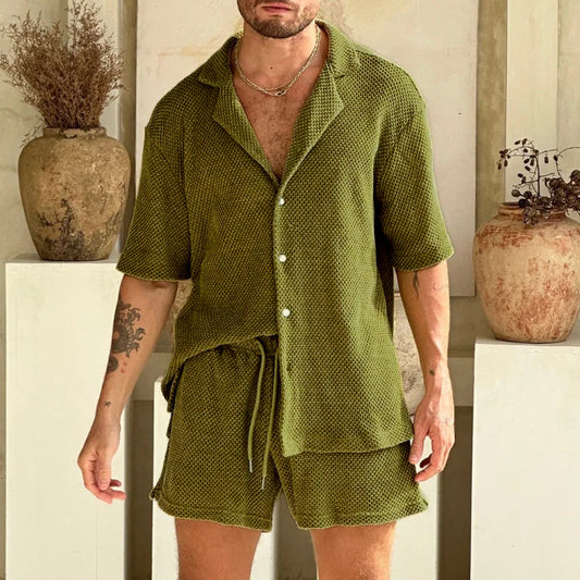 Cotton Textured Green Shirt and Shorts Set | Enzo