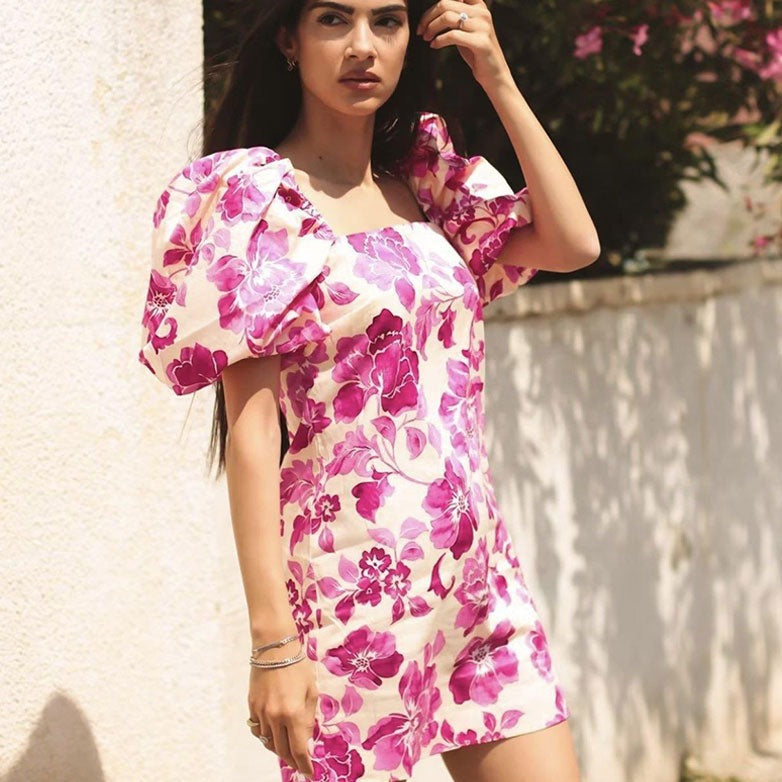 Floral Print Puff Short Sleeve Dress | Marion