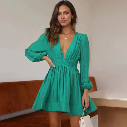 Women V-Neck Mini Dress with Shirred Waist | Claribel