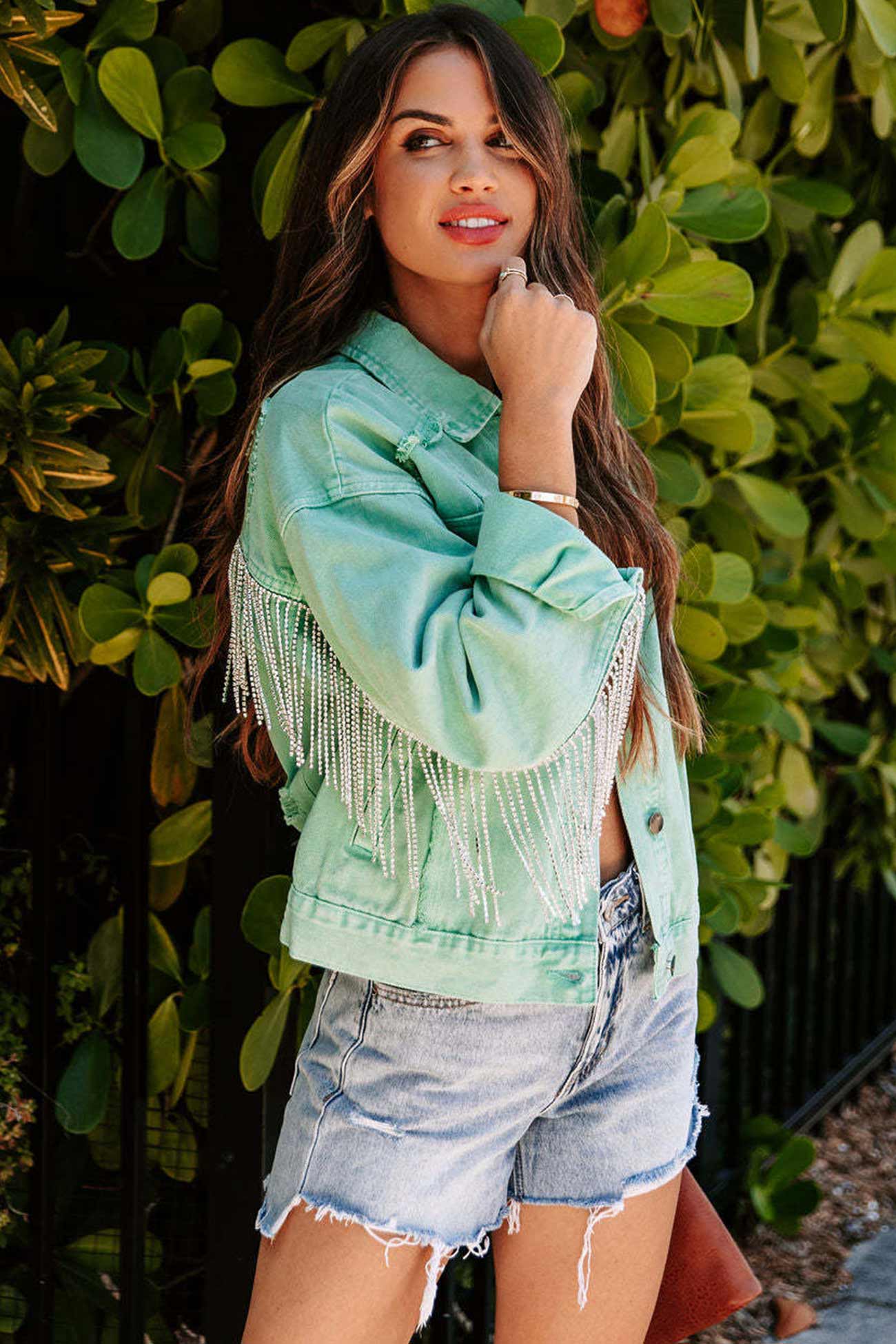 Women Pearl Fringe Cropped Denim Jacket | Chiharu