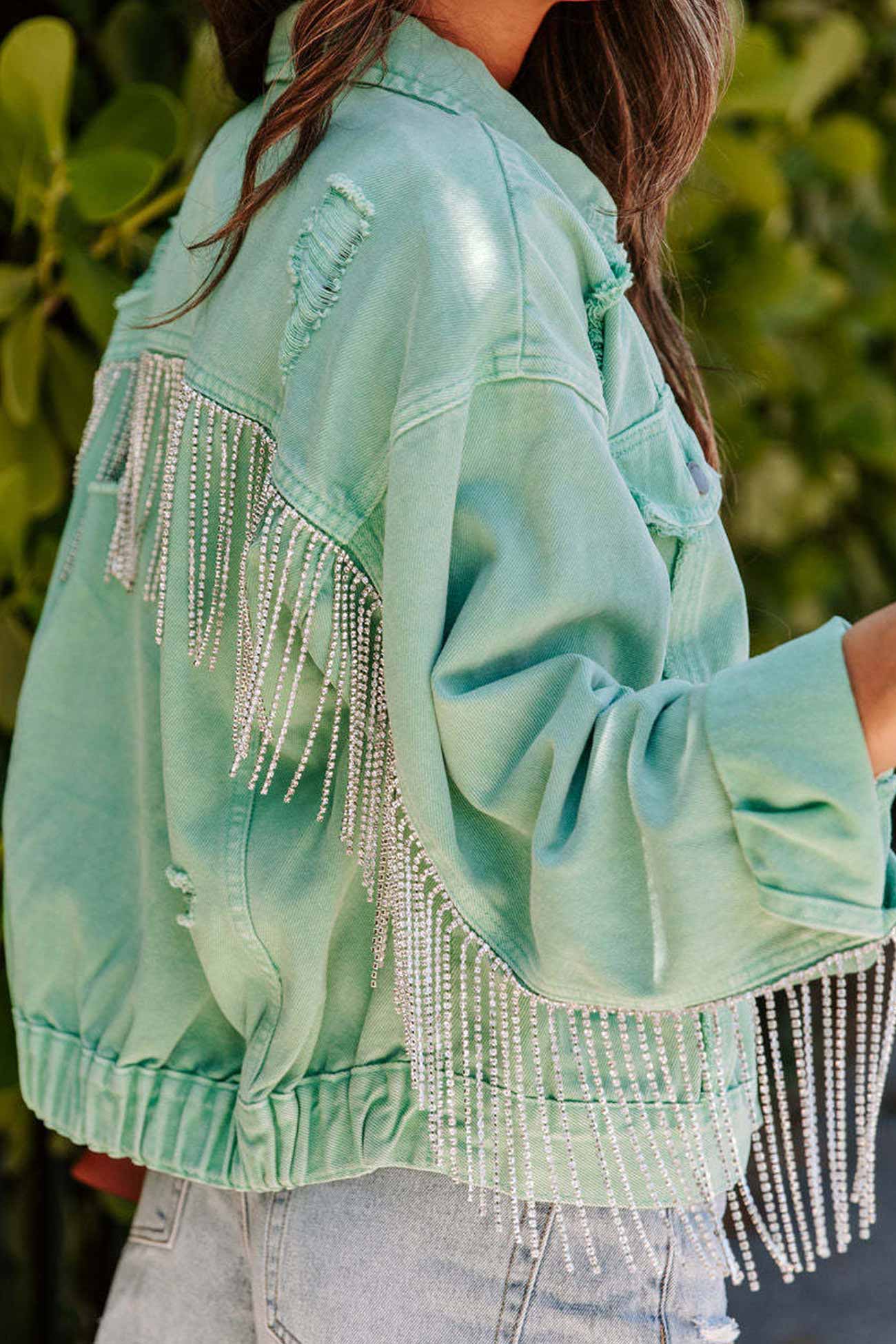 Women Pearl Fringe Cropped Denim Jacket | Chiharu