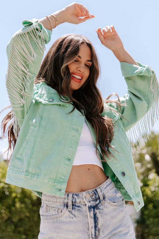 Women Pearl Fringe Cropped Denim Jacket | Chiharu