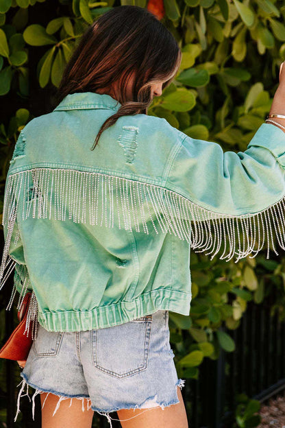 Women Pearl Fringe Cropped Denim Jacket | Chiharu