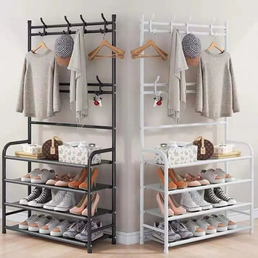 Multifunctional Shoe Rack and Coat Stand for Entryway – Modern Metal Shoe Storage Organizer in Black, Compact Design 0