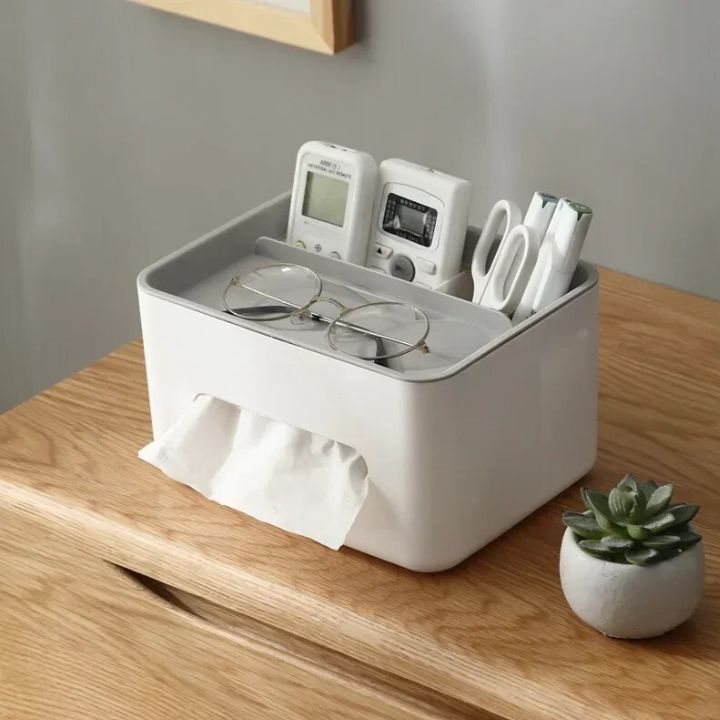 Multifunctional Tissue Holder and Box for Tissues with Compartments for Glasses and Remotes – Stylish Home Organizer in Blue and Gray 3