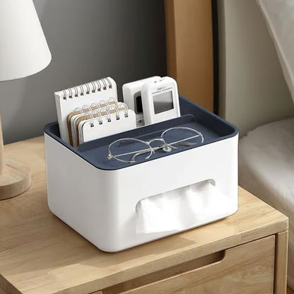 Multifunctional Tissue Holder and Box for Tissues with Compartments for Glasses and Remotes – Stylish Home Organizer in Blue and Gray 8