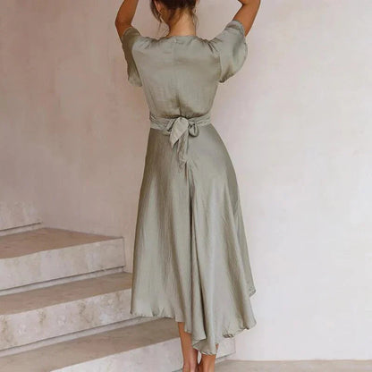 Flowy Midi Dress with Twist Front and Flutter Sleeves | Barbara