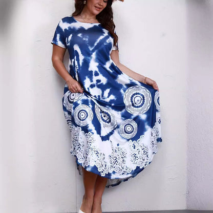 Women Boho Tie-Dye Lace Hem Maxi Dress | Malina