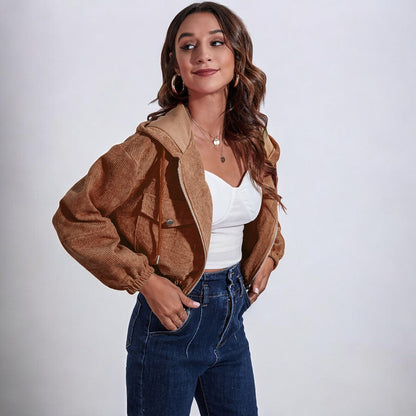 Women Corduroy Zip-Up Hooded Jacket | Asami