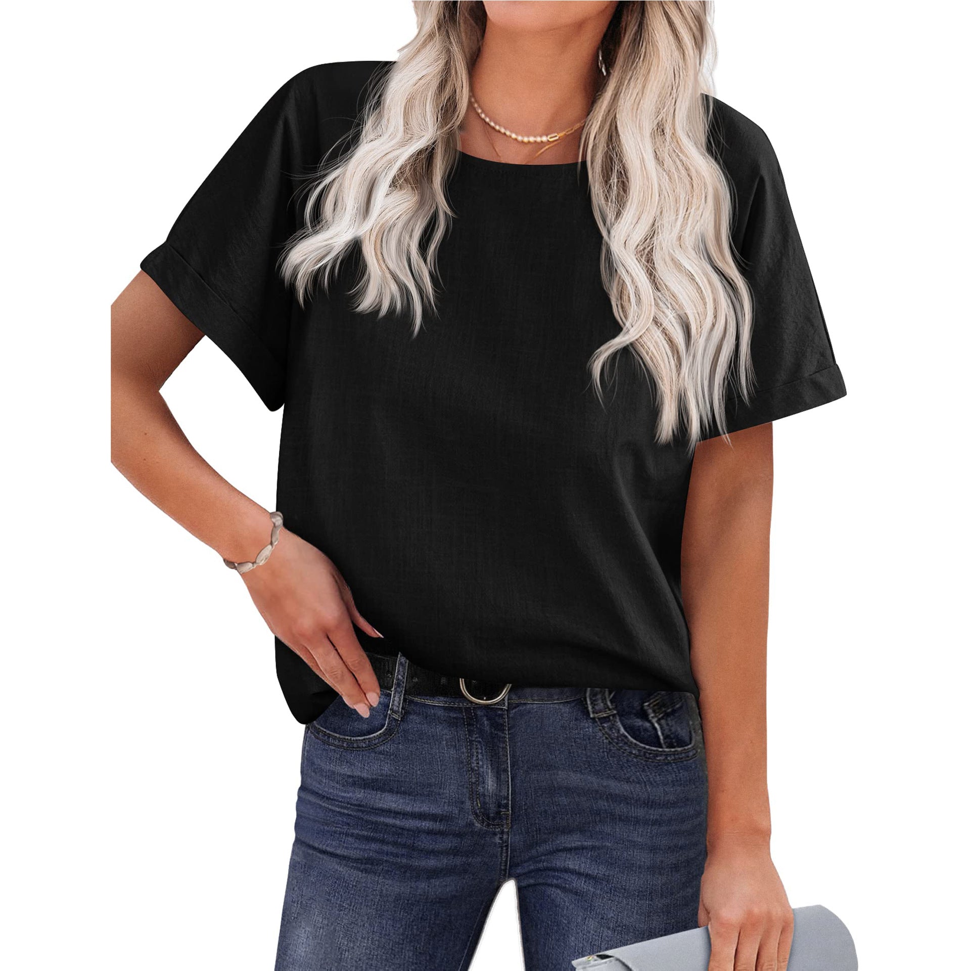 Variant image for Women Short Sleeve Top White Cotton Linen | Classic-1