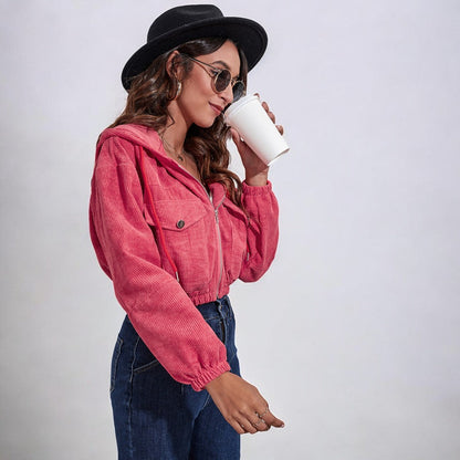 Women Corduroy Zip-Up Hooded Jacket | Asami