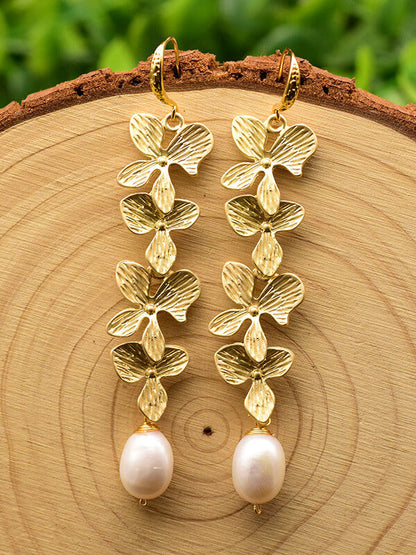 Women Earrings Pearl Botanical Carved | SunflowerHalo-5