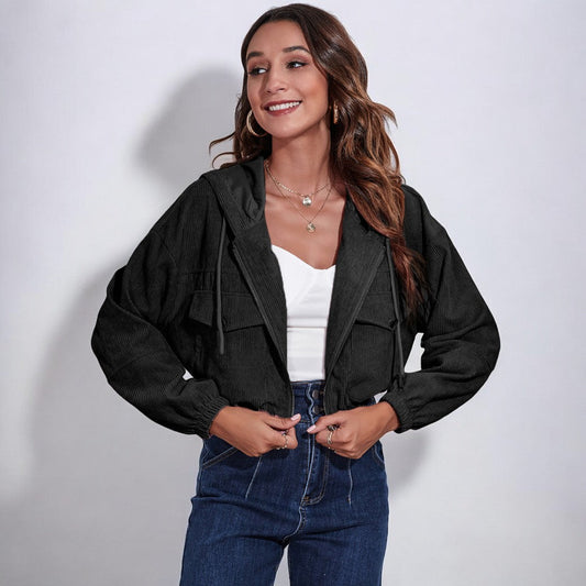 Women Corduroy Zip-Up Hooded Jacket | Asami