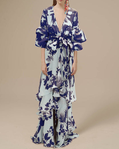 Floral Ruffle Maxi Dress with Puff Sleeves and Tie-Waist | Carol