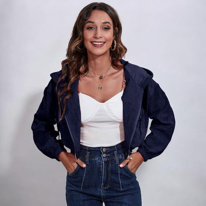 Women Corduroy Zip-Up Hooded Jacket | Asami