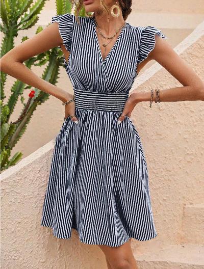 Women Midi Dress Striped V-Neck | Makayla-1