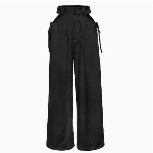 Women High Waist Straight Pants Khaki Polyester | Elegant Nightwear-1