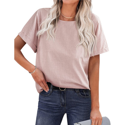 Variant image for Women Short Sleeve Top White Cotton Linen | Classic-11
