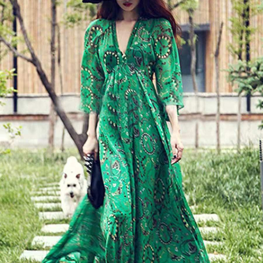 Women Kaftan Dress Green Chiffon | Serene-2