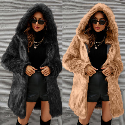 Women Hooded Jacket Black Faux Fur | Glamour-2