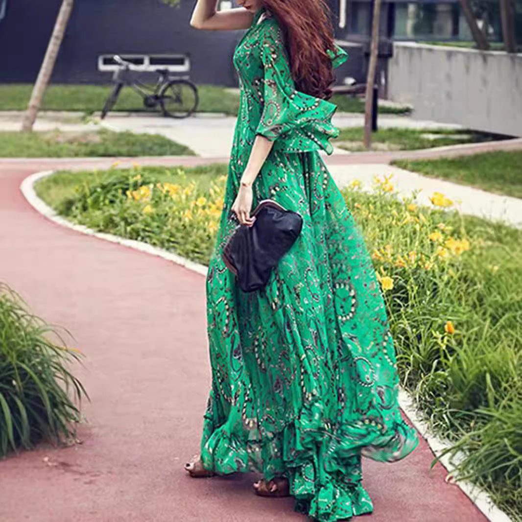 Women Kaftan Dress Green Chiffon | Serene-6