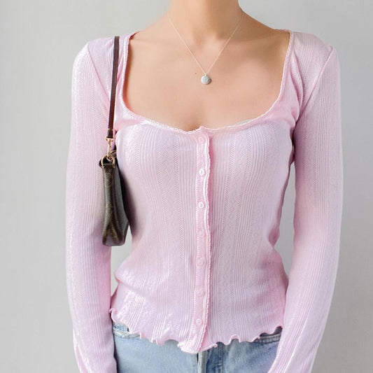 Women Romantic Button-Up Ribbed Cardigan | Ismerie