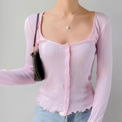 Women Romantic Button-Up Ribbed Cardigan | Ismerie